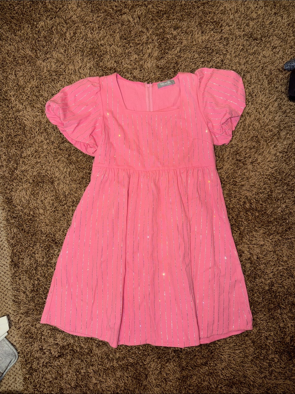 Sparkle Stripe Puff-Sleeve Pink Formal Dress